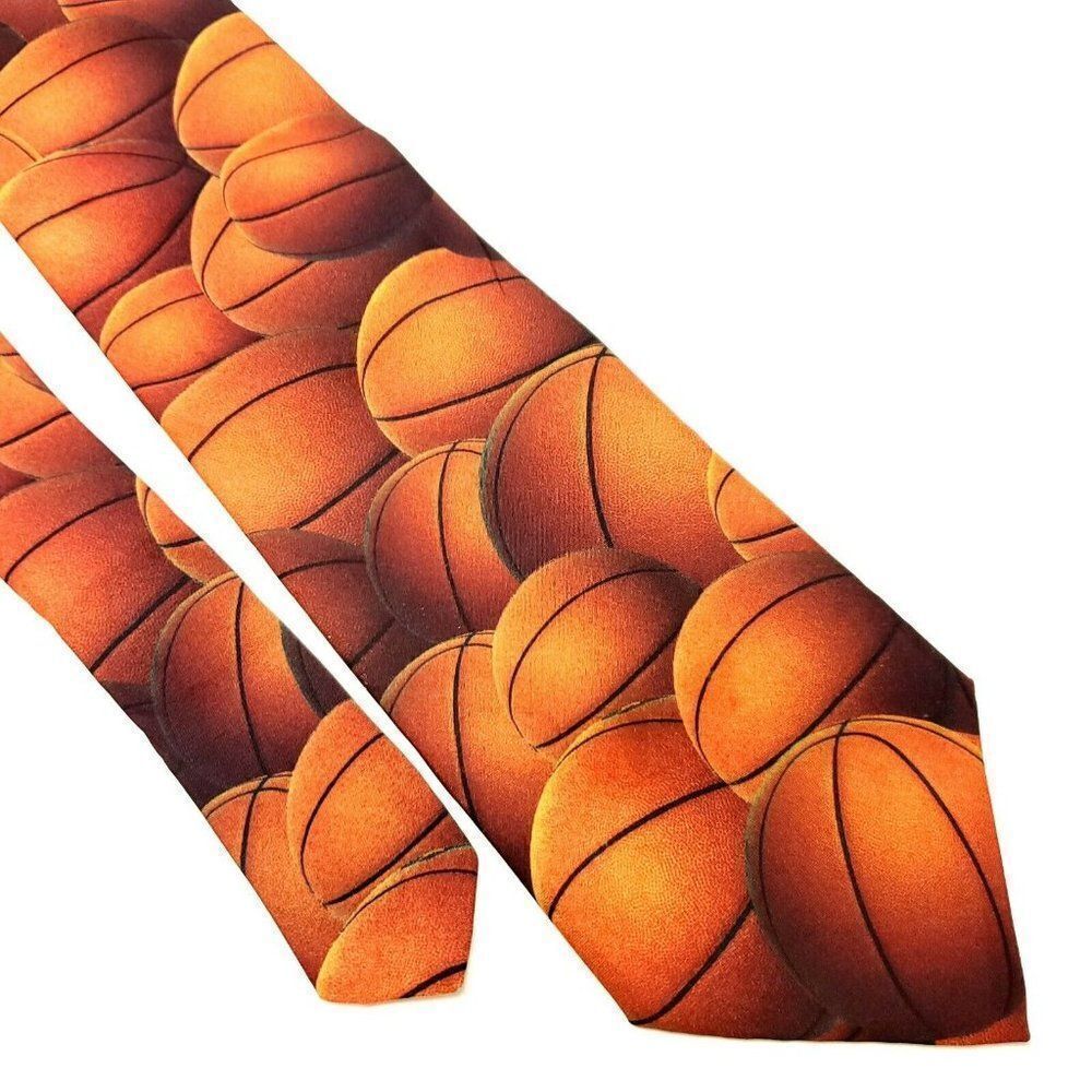 Vintage 1995 Ralph Marlin Polyester Tie Just Balls Basketball Orange Short Wide